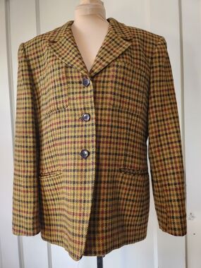 Vtg Jones New York 100% Wool Academia Mustard Houndstooth Blazer